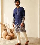 Navy blue colour silk kurta with cream cotton pajama
