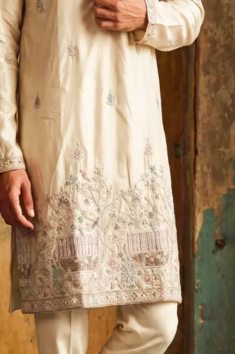 Cream colour silk kurta with cream cotton pajama