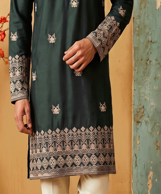 Green colour silk kurta with cream cotton pajama 2