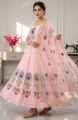 Pink designer peacock print anarkali gown with pant & dupatta set 1