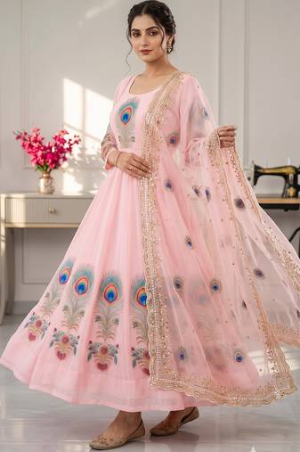 Pink designer peacock print anarkali gown with pant & dupatta set