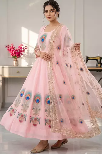 Pink designer peacock print anarkali gown with pant & dupatta set