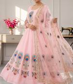 Pink designer peacock print anarkali gown with pant & dupatta set