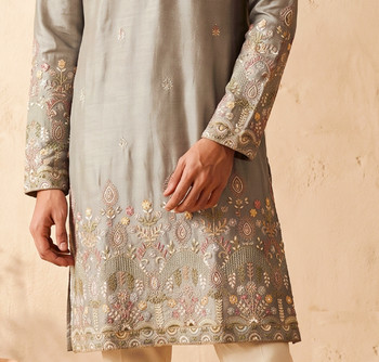 Grey colour silk kurta with cream cotton pajama 2