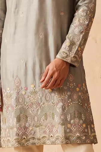 Grey colour silk kurta with cream cotton pajama
