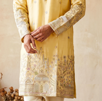 Light yellow colour silk kurta with cream cotton pajama 2