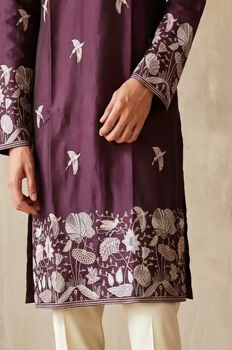 Purple colour silk kurta with cream cotton pajama
