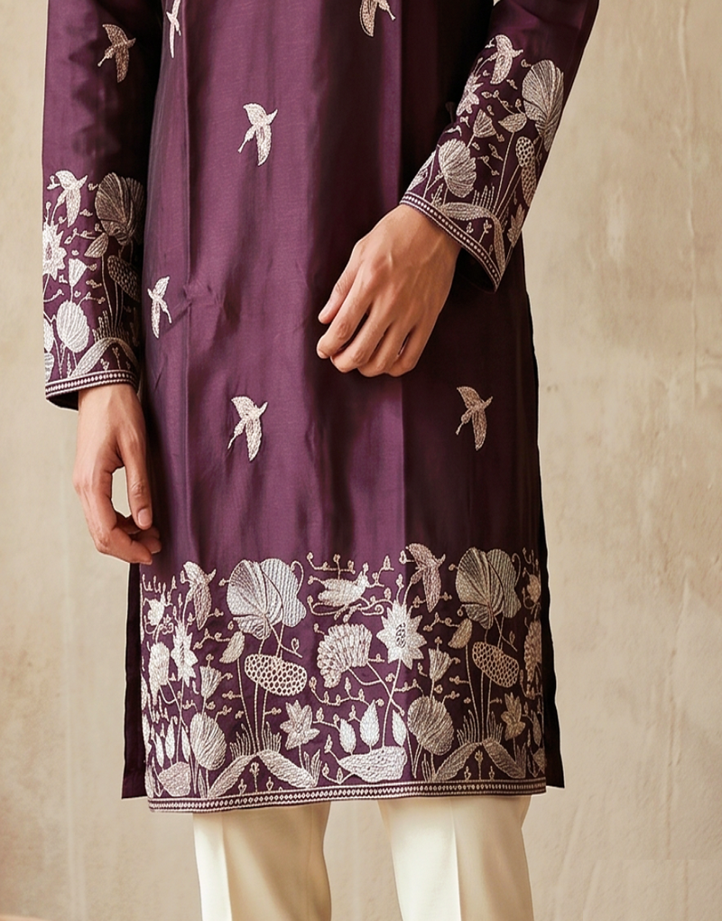 Purple colour silk kurta with cream cotton pajama