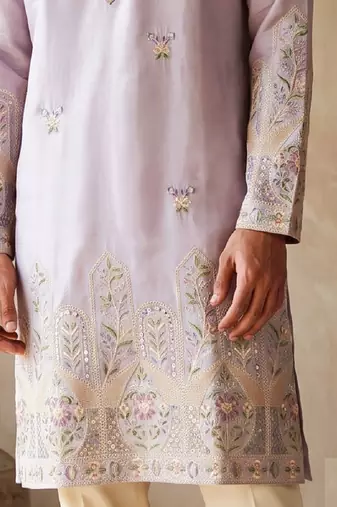 Light purple colour silk kurta with cream cotton pajama