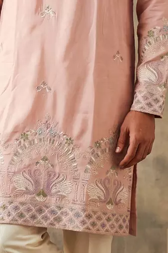 Pink colour silk kurta with cream cotton pajama