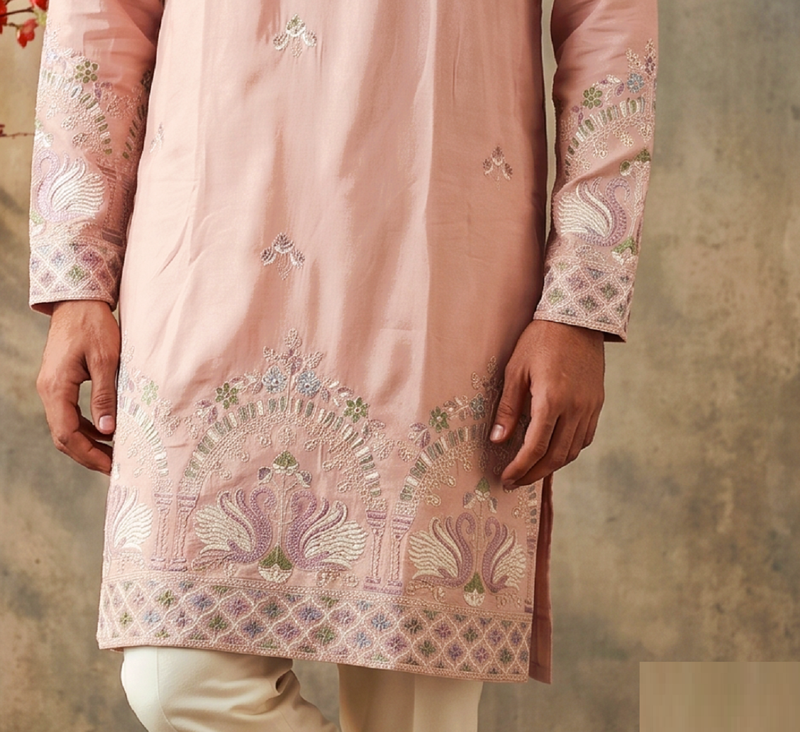 Pink colour silk kurta with cream cotton pajama