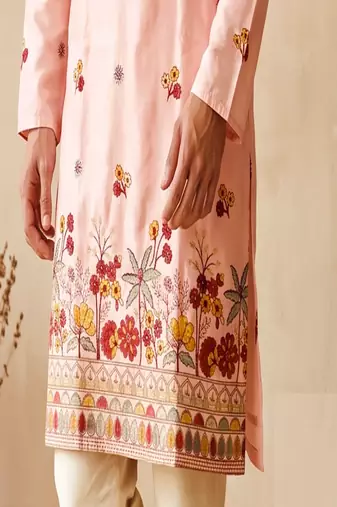 Pink colour silk kurta with cream cotton pajama