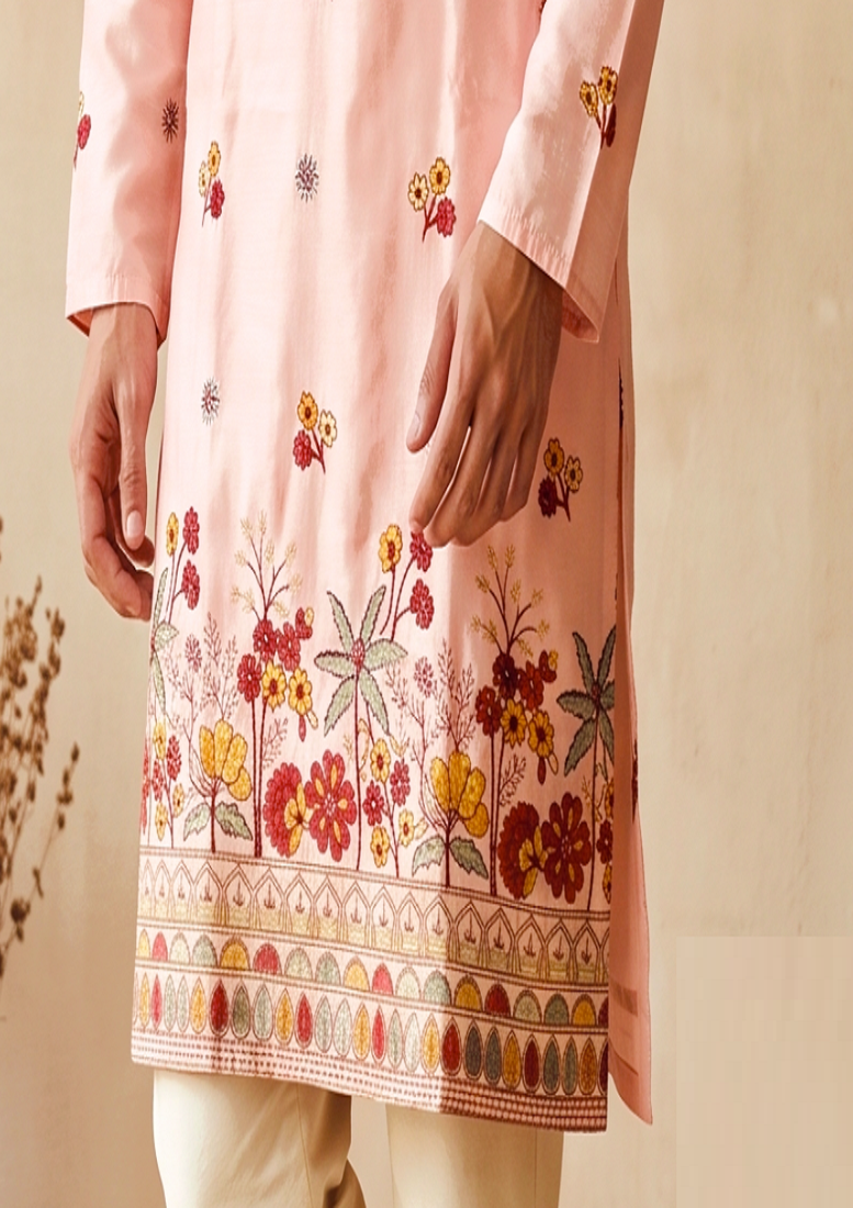Pink colour silk kurta with cream cotton pajama