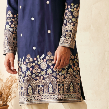 Navy blue colour silk kurta with cream cotton pajama 2