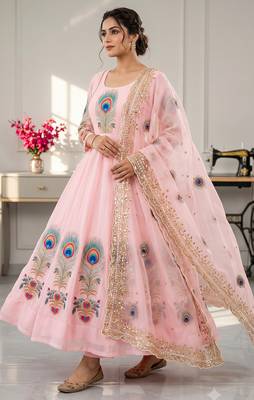 Pink designer peacock print anarkali gown with pant & dupatta set 2