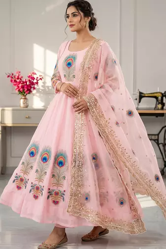 Pink designer peacock print anarkali gown with pant & dupatta set
