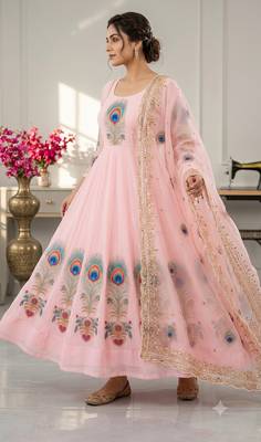 Pink designer peacock print anarkali gown with pant & dupatta set 3