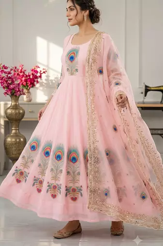 Pink designer peacock print anarkali gown with pant & dupatta set