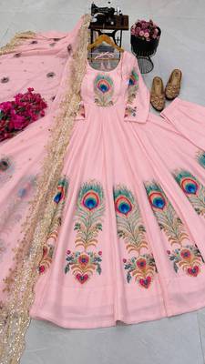 Pink designer peacock print anarkali gown with pant & dupatta set 4
