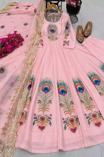 Pink designer peacock print anarkali gown with pant & dupatta set
