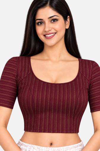 Plum cotton spandex golden zari straight line stretchable readymade saree blouse