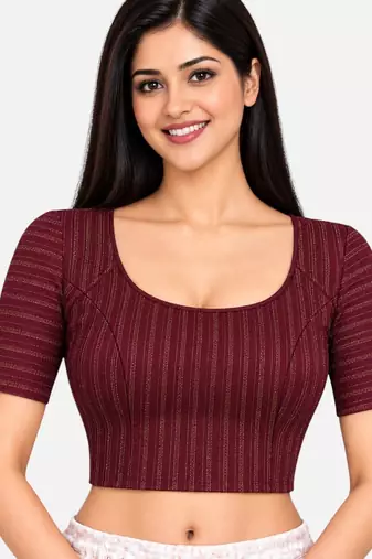 Plum cotton spandex golden zari straight line stretchable readymade saree blouse