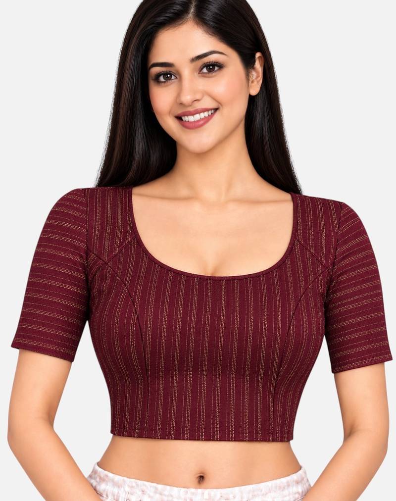 Plum cotton spandex golden zari straight line stretchable readymade saree blouse