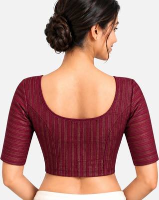 Plum cotton spandex golden zari straight line stretchable readymade saree blouse 2