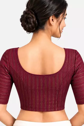 Plum cotton spandex golden zari straight line stretchable readymade saree blouse