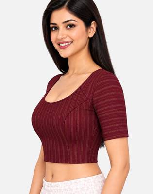 Plum cotton spandex golden zari straight line stretchable readymade saree blouse 3