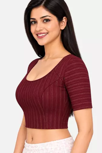 Plum cotton spandex golden zari straight line stretchable readymade saree blouse