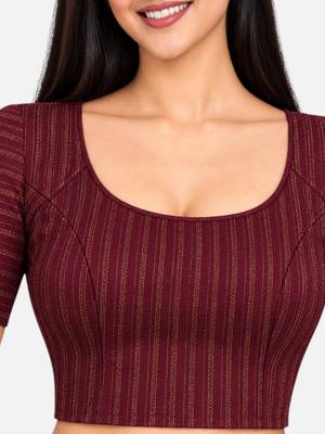 Plum cotton spandex golden zari straight line stretchable readymade saree blouse 4