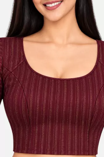 Plum cotton spandex golden zari straight line stretchable readymade saree blouse