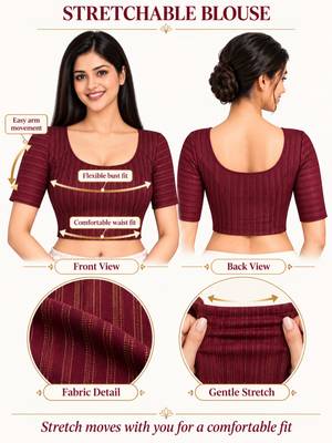 Plum cotton spandex golden zari straight line stretchable readymade saree blouse 5