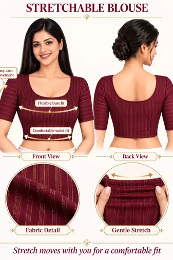 Plum cotton spandex golden zari straight line stretchable readymade saree blouse
