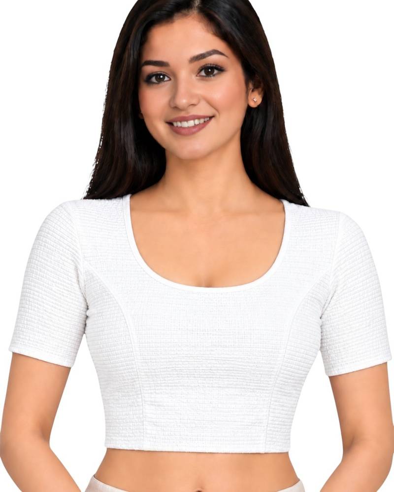 White shiny cotton spandex stretchable princess cut readymade saree blouse