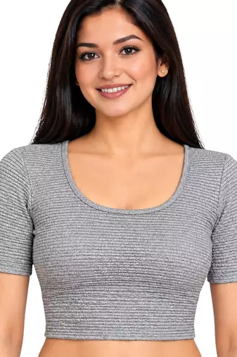 Silver shiny cotton spandex stretchable princess cut readymade saree blouse