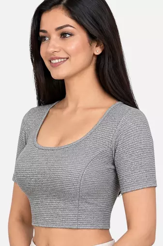 Silver shiny cotton spandex stretchable princess cut readymade saree blouse