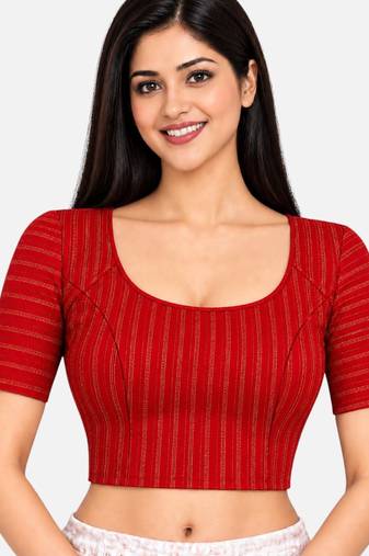 Red cotton spandex golden zari straight line stretchable readymade saree blouse
