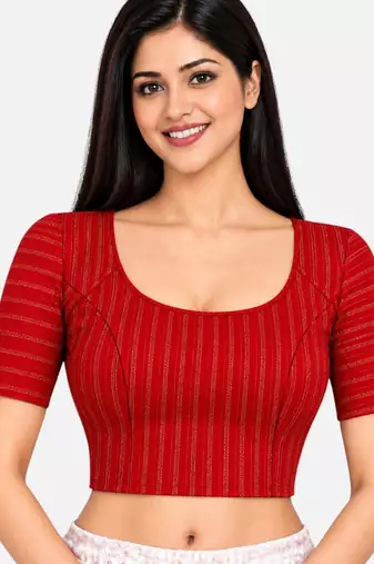 Red cotton spandex golden zari straight line stretchable readymade saree blouse