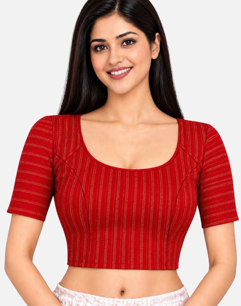 Red cotton spandex golden zari straight line stretchable readymade saree blouse