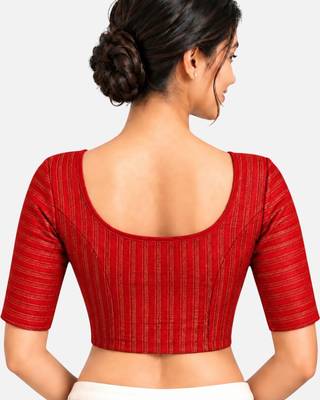 Red cotton spandex golden zari straight line stretchable readymade saree blouse 2