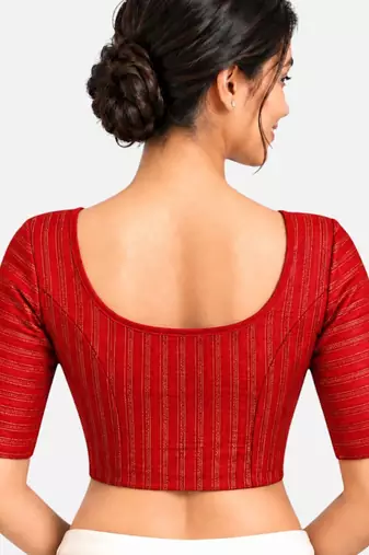Red cotton spandex golden zari straight line stretchable readymade saree blouse