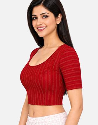 Red cotton spandex golden zari straight line stretchable readymade saree blouse 3