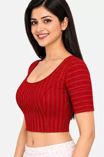 Red cotton spandex golden zari straight line stretchable readymade saree blouse