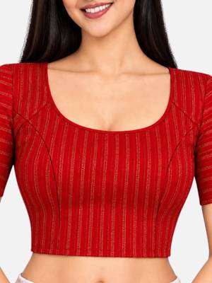 Red cotton spandex golden zari straight line stretchable readymade saree blouse 4