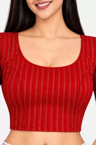 Red cotton spandex golden zari straight line stretchable readymade saree blouse