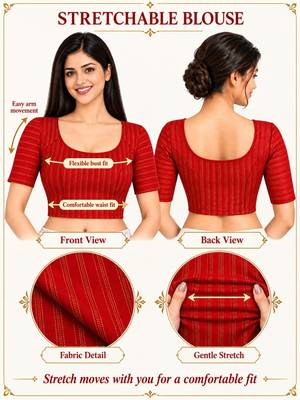 Red cotton spandex golden zari straight line stretchable readymade saree blouse 5