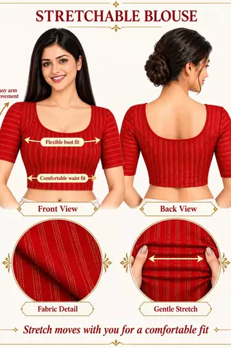 Red cotton spandex golden zari straight line stretchable readymade saree blouse