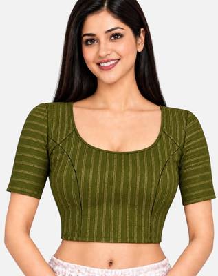 Mehndi green cotton spandex golden zari straight line stretchable readymade saree blouse 1